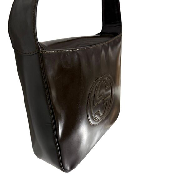 Vintage Gucci Authentic Women's Brown Patent Leather Embossed Logo Shoulder Bag - Picture 2 of 12